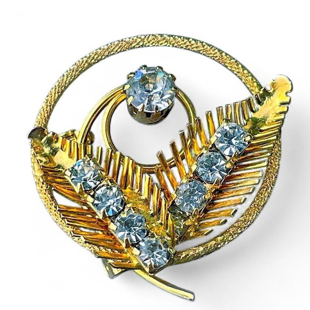 Gorgeous Vintage Gold & Silver Fern Brooch with Rhinestones